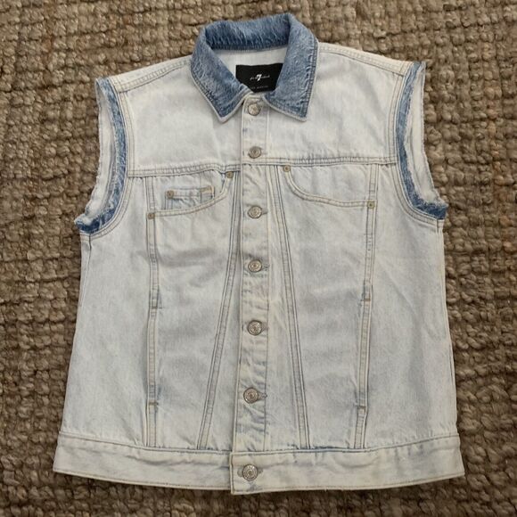 7 For All Mankind Womens S Denim Vest Two-Tone Blue Jean Cutoff Italian Fabric - Picture 1 of 7